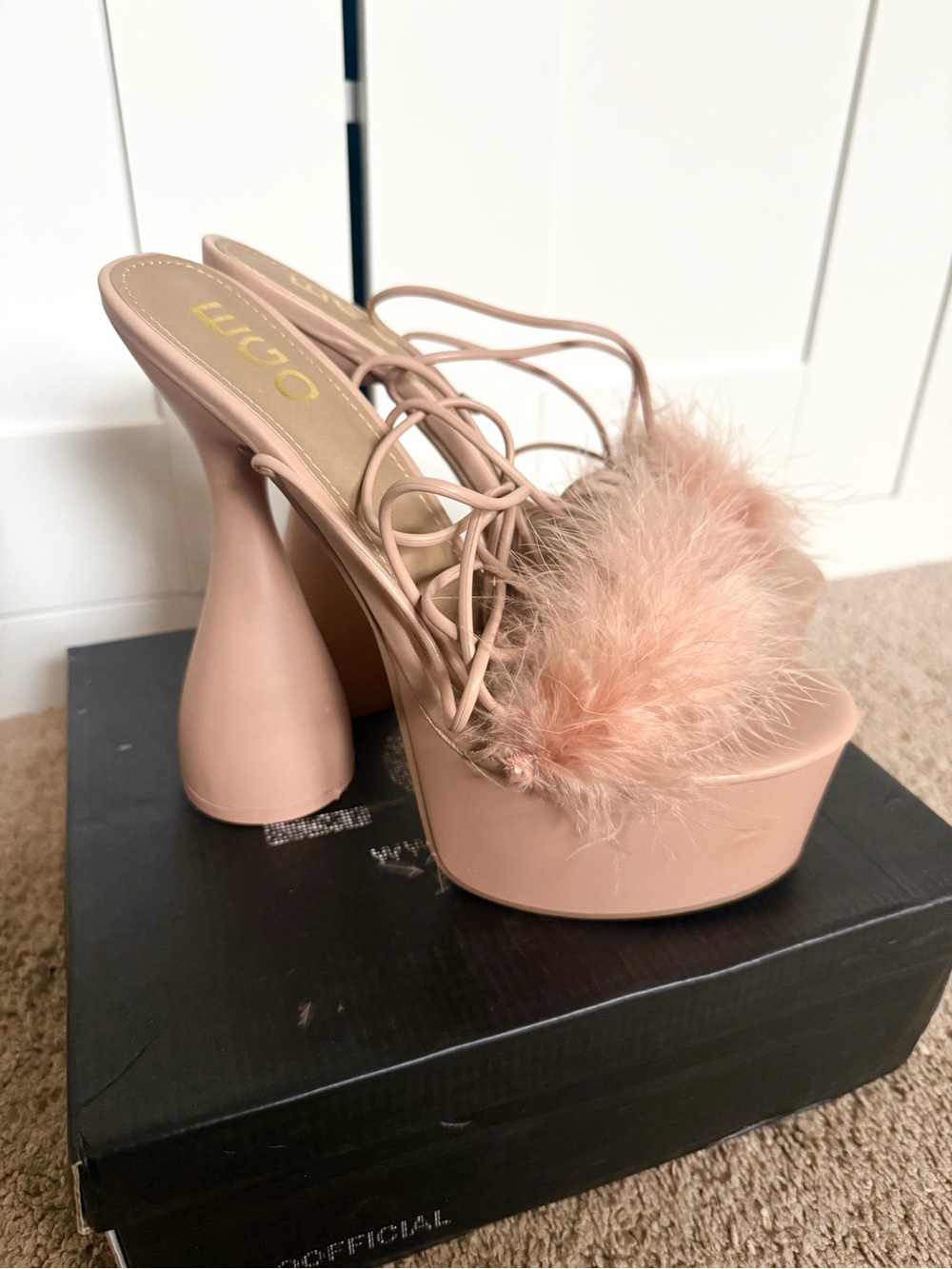 Ego Pink IMOGEN FLUFFY FAUX FEATHER LACE UP PEEP TOE PLATFORM HEEL